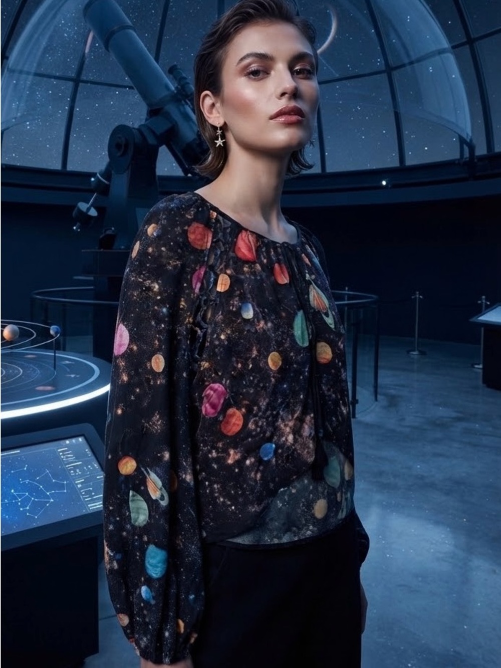 Farm Rio - Galaxy Print Long-Sleeve Blouse, Black